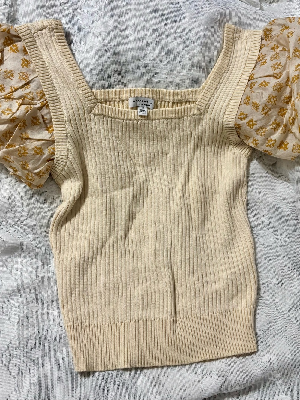Current Air Anthropologie Cream Ribbed Tank with Mustard Floral Puff Sleeves
